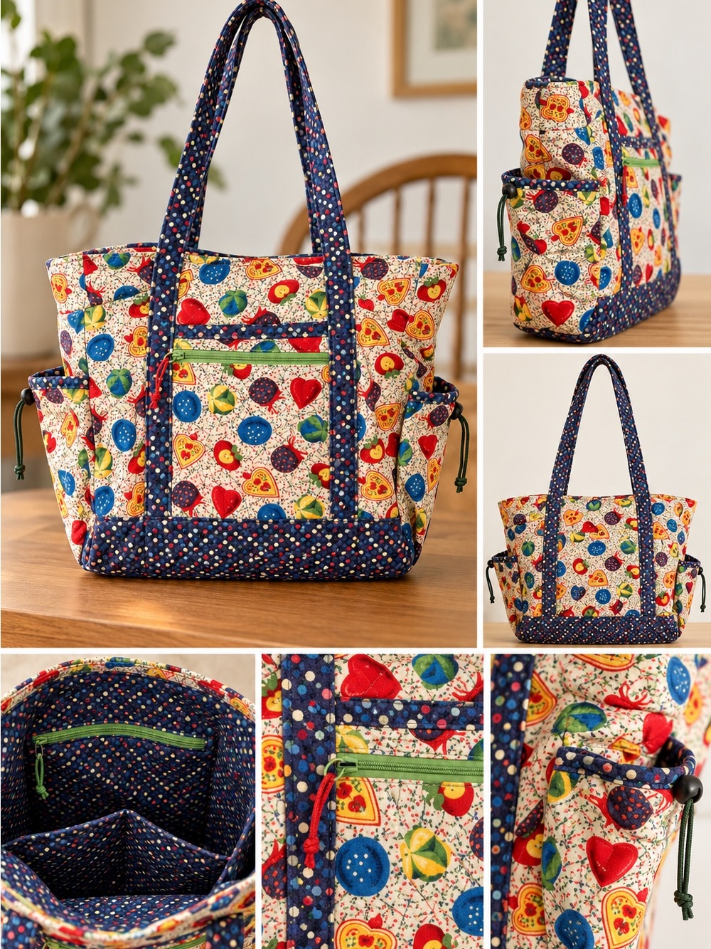 Handmade Quilted Heart and Fruit Pattern Tote Bag
